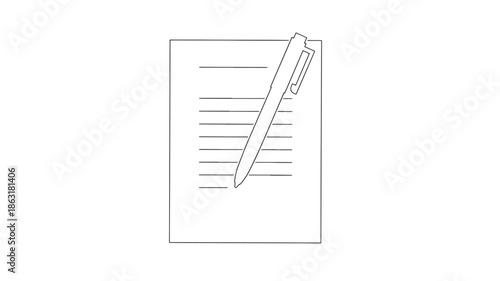 Minimal line art of a notebook page with a diagonal pen and binder clip, black outline illustration for writing, drafting, and office concept design