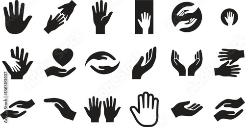 Set of black silhouette hands icons showing gestures of care donation help and support