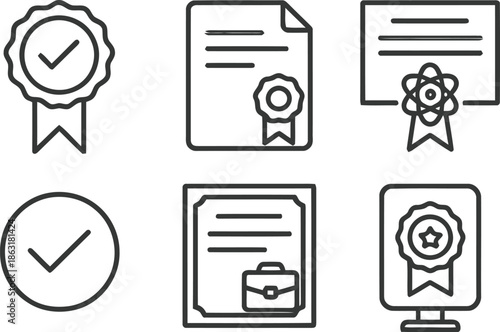 Set of graduation and award certificate line icons on a transparent background