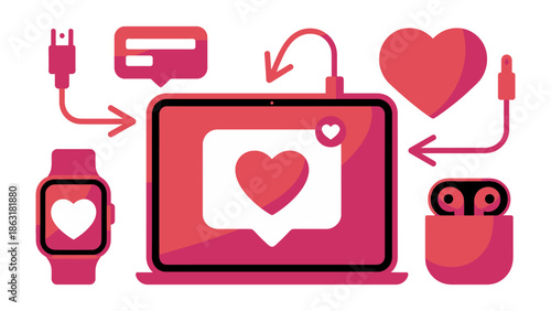 Digital Heartbeat: The interconnectedness of technology and well-being. A dynamic illustration symbolizing the fusion of digital devices, such as laptop, smartwatch, and earphones.