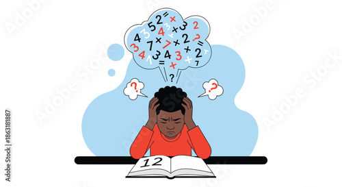 Young boy looking distressed and overwhelmed while sitting at a desk with an open book and complex math equations in his thought bubble.