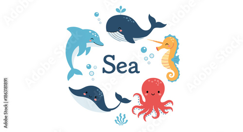 Collection of cute sea creatures including a whale, dolphin, seahorse, octopus, and bubbles surrounding the word Sea.