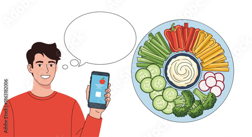 Happy man using a smartphone diet app while looking at a healthy vegetable platter with hummus and various fresh greens.