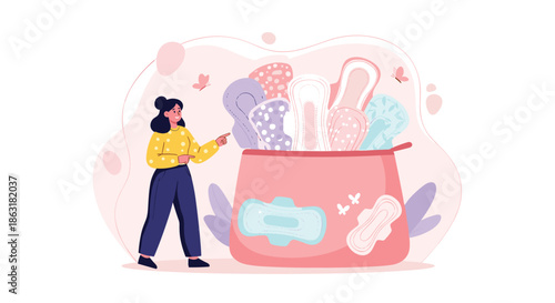 Young woman points enthusiastically at a large pink bag filled with various colorful and patterned menstrual pads for period care awareness.