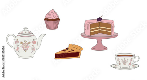 Assorted collection of vintage style tea time sweets including a chocolate cake, fruit pie, cupcake, elegant teapot, and a matching teacup.