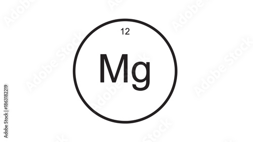 Minimalist black circular badge with the chemical symbol Mg and atomic number 12, clean vector icon on white background for chemistry education apps