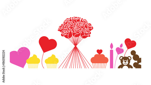 Valentine's Day Serenade: A collection of charming Valentine's Day icons, with a vibrant heart bouquet as the centerpiece, celebrate love, romance, and heartfelt affection. 