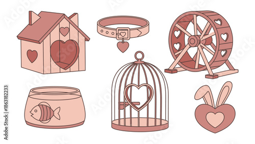 Pet Essentials Illustration: An charming illustration showcases essential supplies for a beloved pet, combining a birdcage and other elements. It is design for the love and care for companion animal.