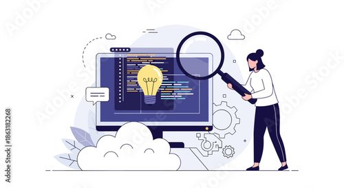 Focused woman using a large magnifying glass to inspect lines of computer code on a monitor for programming and software development.