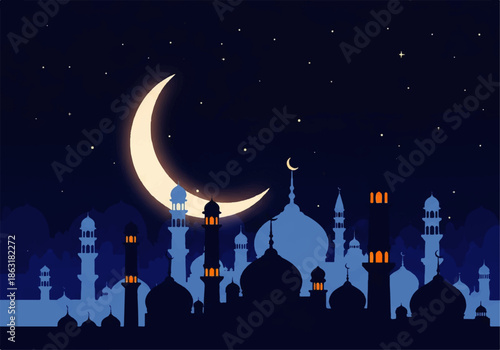 A serene Flat Design Illustration Vector of a mosque silhouette under a crescent moon at night, with a dark blue background and stars.