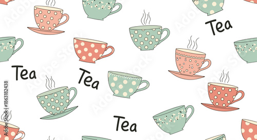 Seamless vintage pattern featuring various polka dot and floral tea cups with the word Tea scattered on a clean white background.