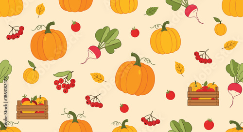 Seamless autumn harvest pattern featuring various pumpkins, radishes, tomatoes, and berries scattered on a light beige background.