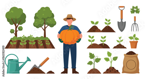 Proud male farmer wearing a straw hat holds a giant orange pumpkin surrounded by gardening tools, seedlings, and agricultural elements.