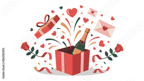 Festive Gift Box of Romance: A captivating illustration of a gift box brimming with celebratory symbols, surrounded by elements of love and affection.