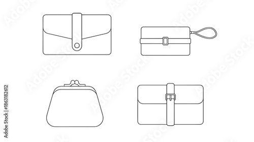 Set of four minimalist line art purses and wallets: envelope clutch, wrist-strap wallet, kiss-lock coin purse, crossbody bag with buckle in outlines