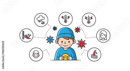 Young boy surrounded by medical icons representing common symptoms of illness such as fever, cough, and viral infections.