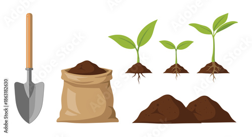 Essential gardening equipment including a metal trowel, a bag of rich soil, and young green sprouts ready for transplanting.