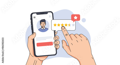 Close up of hands holding a smartphone displaying a user profile and an interactive five star rating system for service review.
