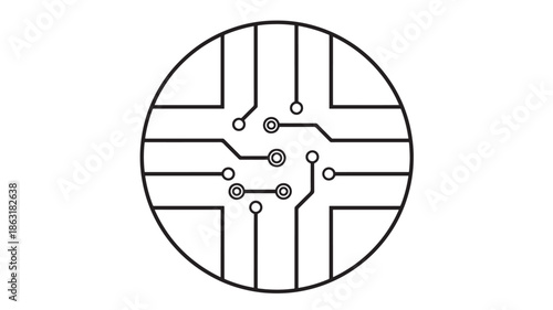 Circular circuit board icon with interconnected traces and pad circles in bold black outline, minimalist vector illustration for technology design