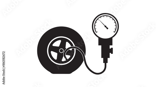 Black and white vector icon of a film reel connected by cable to a round pressure gauge, minimalist industrial symbol illustration