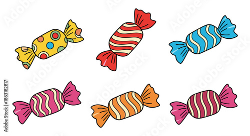 Set of six colorful wrapped candies with different patterns and wrapper shapes for sweet shop and confectionery themes.