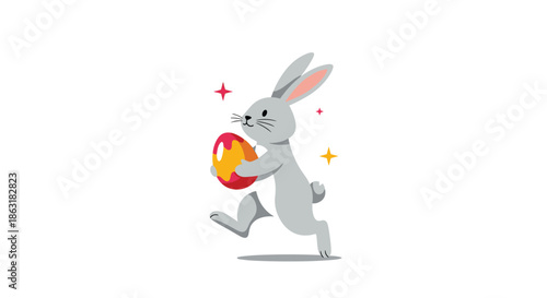 Cute gray bunny rabbit hopping along while carrying a brightly decorated Easter egg with colorful patterns and sparkles.