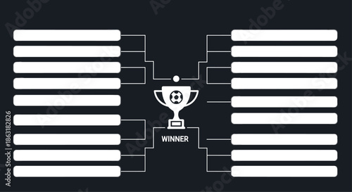 Tournament bracket diagram with placeholders for teams and a soccer trophy in the center on a dark navy background.