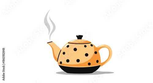 Classic yellow teapot decorated with large black polka dots and emitting a gentle plume of steam from its spout.