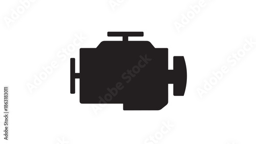 Black silhouette of a car engine block vector icon with a top intake, left crankshaft, and right circular gear in flat minimalist design