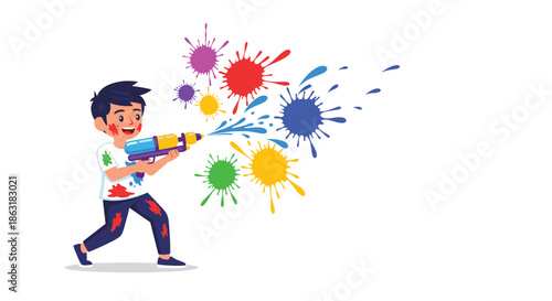 Joyful young boy covered in colorful paint splashes while spraying a stream of water from his toy gun during Holi.