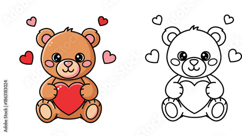 Cute cartoon teddy bear holding a red heart with coloring page outline. Vector illustration of happy toy bear character sitting with love symbols for Valentine's Day card or kids coloring book.