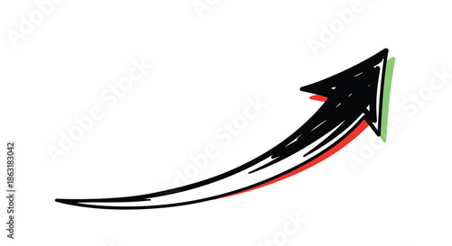 Hand drawn black arrow with red and green chromatic aberration shadow effects pointing upwards on a clean white background area.