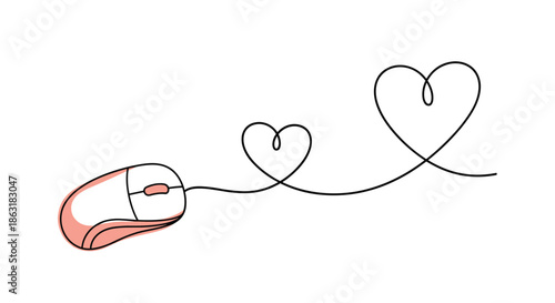 Computer mouse connected to a long cord that curls into two heart shapes symbolizing online dating and digital love connections.