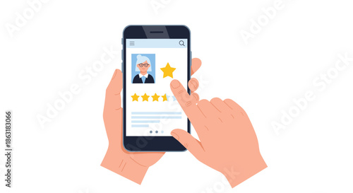 Hands holding a smartphone to provide an excellent five star rating and positive feedback for a professional service provider.
