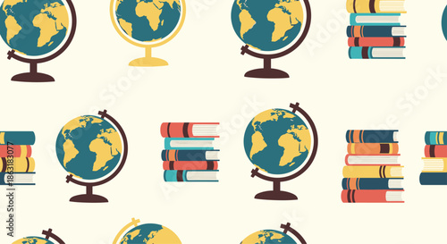 Educational seamless pattern with world globes on stands and stacks of colorful books for school and learning themed designs.