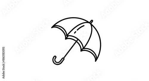 Simple black line icon of an open umbrella shown at an angle on a white background for weather and protection related concepts.
