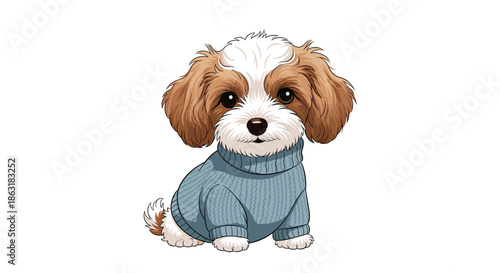 Adorable small dog wearing a cozy blue knitted sweater sitting calmly, presented as a cute character portrait against white background.