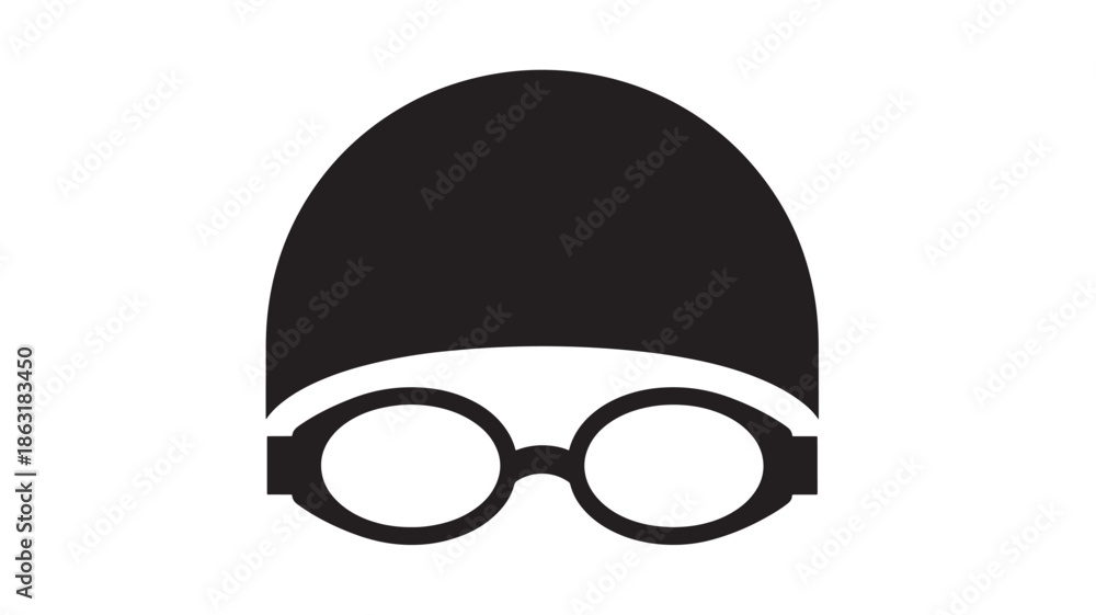 Αυτοκόλλητο Front-facing black minimalist icon of a person wearing a swim cap and round gogg
