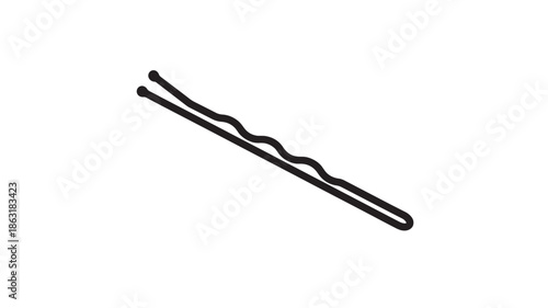 Black bobby pin silhouette icon with curved center, diagonal orientation, minimalist hairpin vector for fashion graphics and beauty design projects