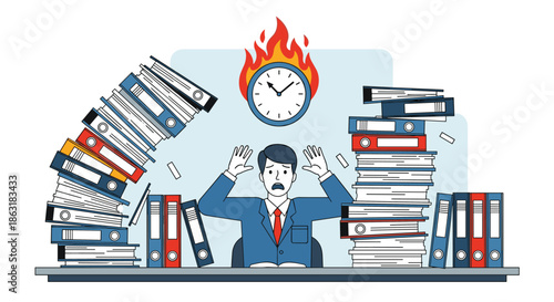 Stressed businessman overwhelmed by tall mountains of paperwork with a burning clock indicating intense deadline pressure at work.