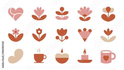 Floral Harmony and Comfort: An array of floral and comforting elements in a warm palette. Featuring stylized flowers, heart, warm drink, and candle, the image radiates warmth and serenity.