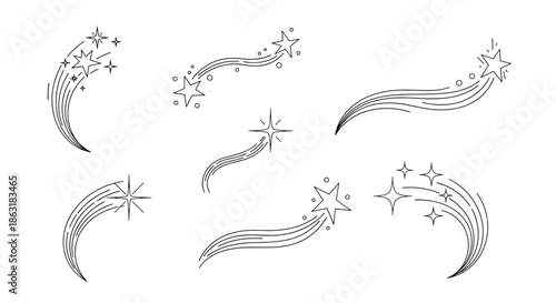 Multiple shooting star and comet illustrations with trails and sparkles drawn in black line art style on a white background.