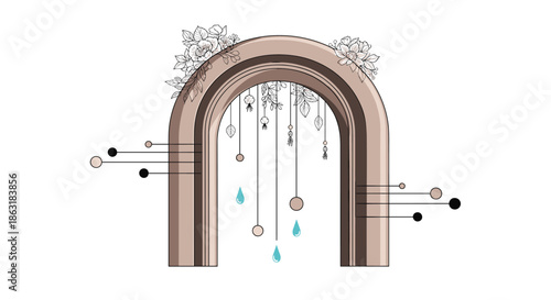 Decorative arched frame adorned with delicate line art flowers and hanging ornamental balls and water droplets.