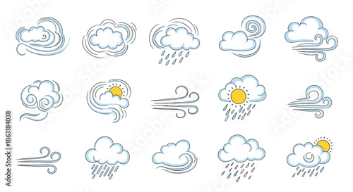 Large set of weather icons featuring sun, clouds, rain drops, wind swirls, and various weather combinations for forecast.