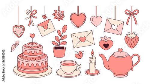 Love's Whispers: A charming collection of love-themed elements, including a layered cake, teapot, hearts and more, creating a visual symphony of romance.