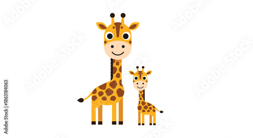 Cute cartoon illustration of a mother giraffe and her baby standing together on a plain white background.