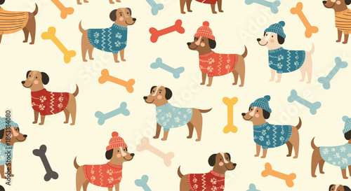 Seamless pattern of adorable dogs wearing various patterned winter sweaters and colorful bones on a beige background.