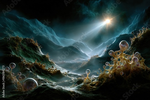 abstract biotechnological landscape with organic cellular formations, biomorphic terrain and luminous particles under dramatic light, evoking future life science and synthetic biology 