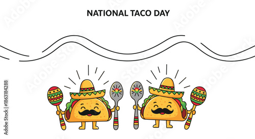 Two funny cartoon tacos wearing sombreros and playing maracas to celebrate National Taco Day on a white background.