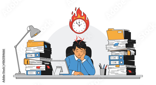 Overworked and stressed businessman sitting at a desk between piles of folders with a burning clock indicating a deadline.